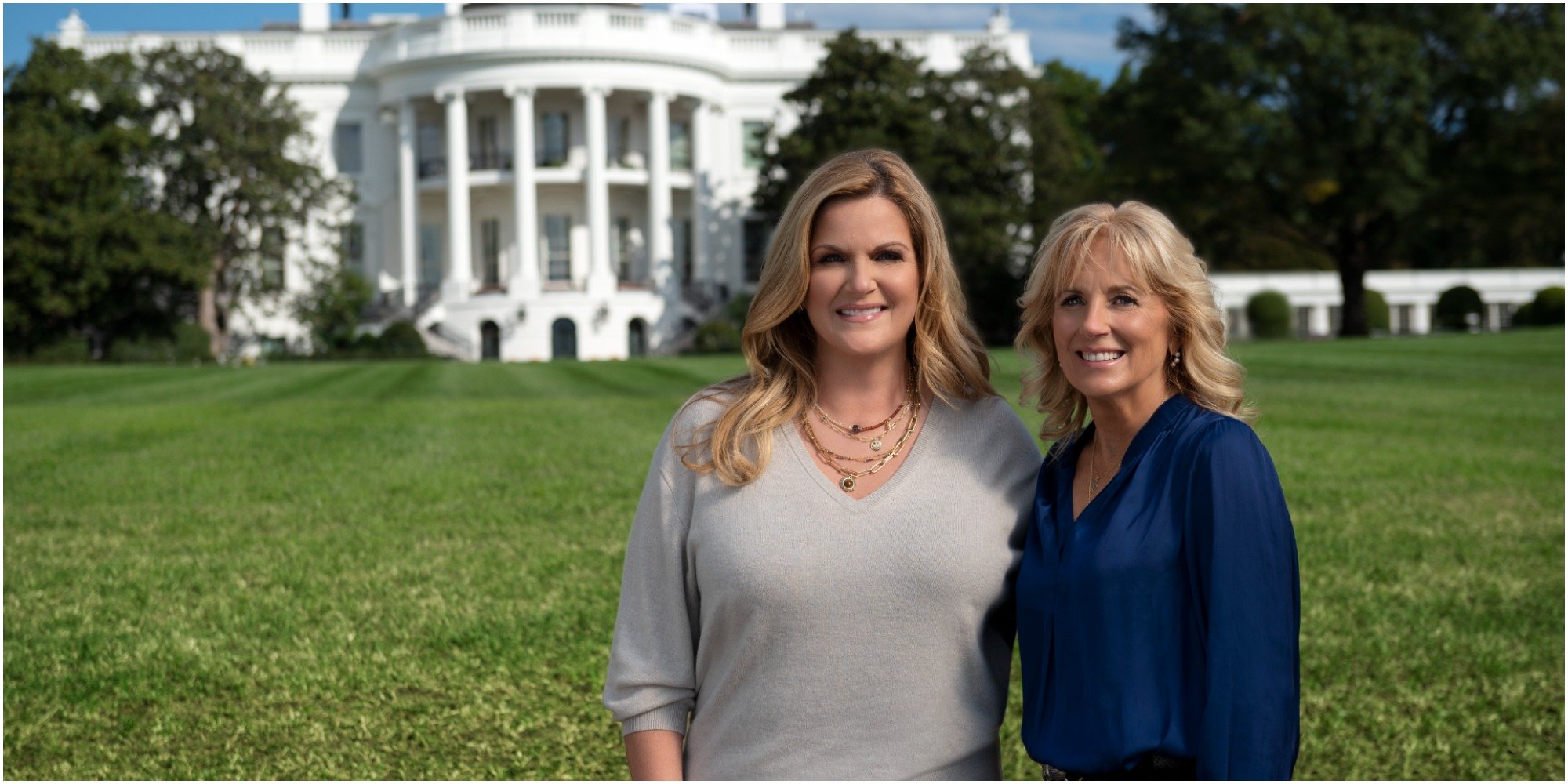Trisha Yearwood and Jill Biden in front of The White House.