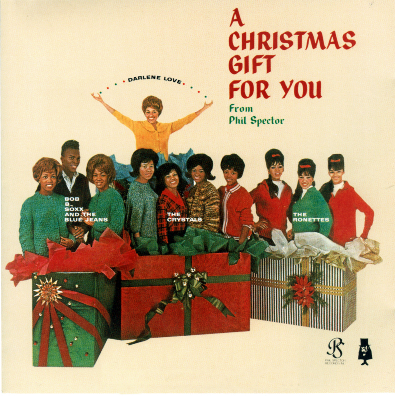 The album cover of 'A Christmas Gift For You" from Phil Spector featuring Christmas rock songs from Darlene Love, The Ronettes, and The Crystals, 1963.