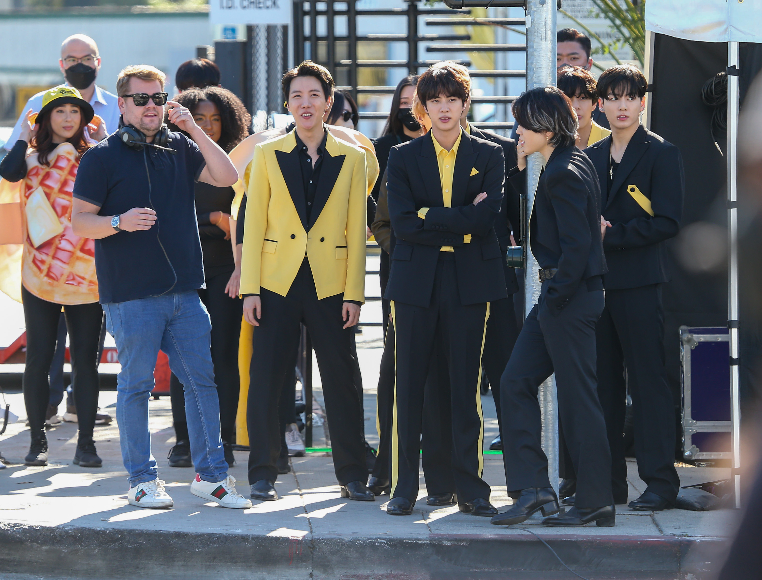 James Corden is seen with J-Hope, Jin, Jimin, V and Jungkook of the K-Pop band BTS filming for the 'The Late Late Show With James Corden'