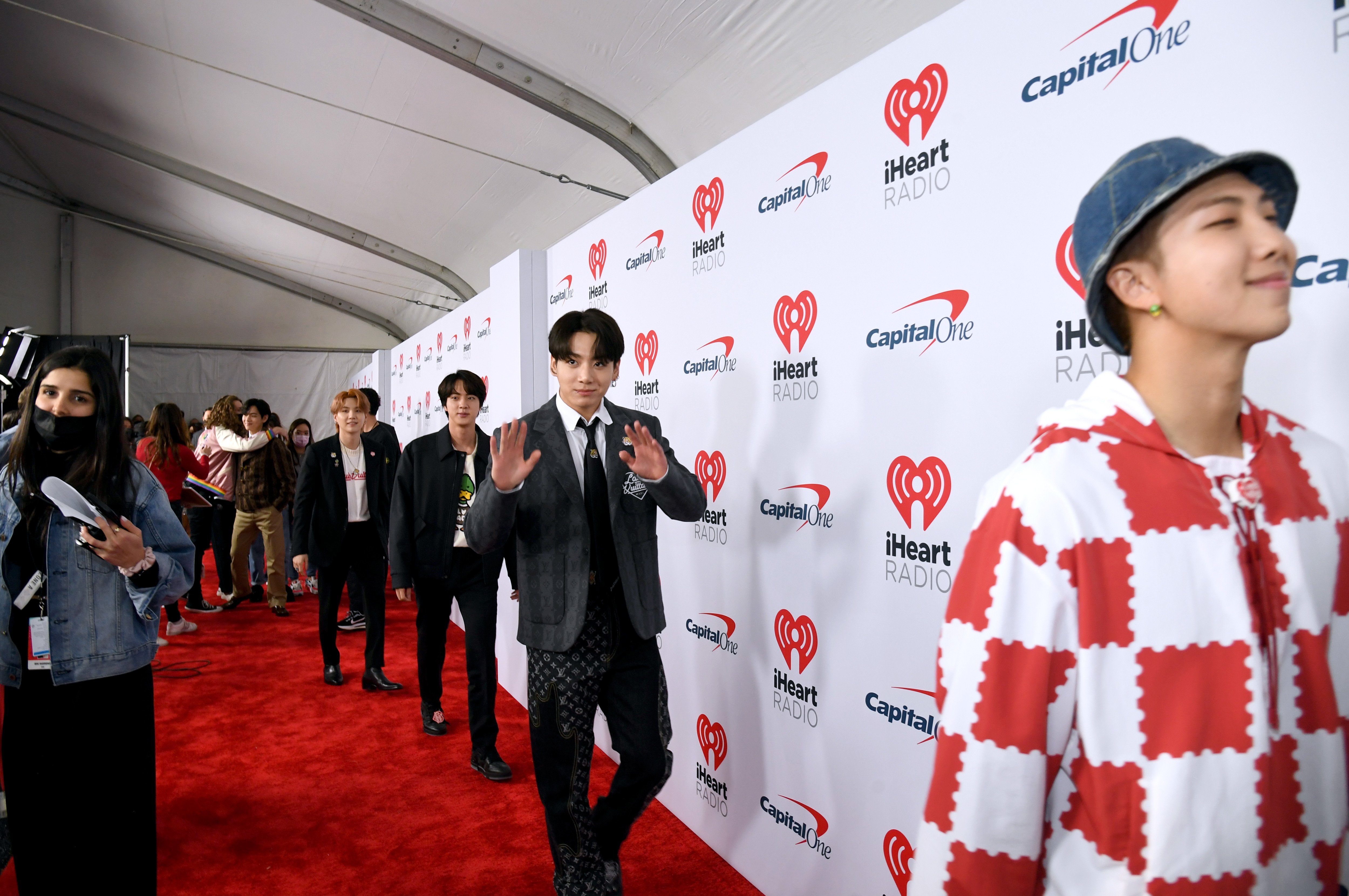 V, Suga, Jin, Jungkook, and RM of BTS attend iHeartRadio 102.7 KIIS FM's Jingle Ball 2021