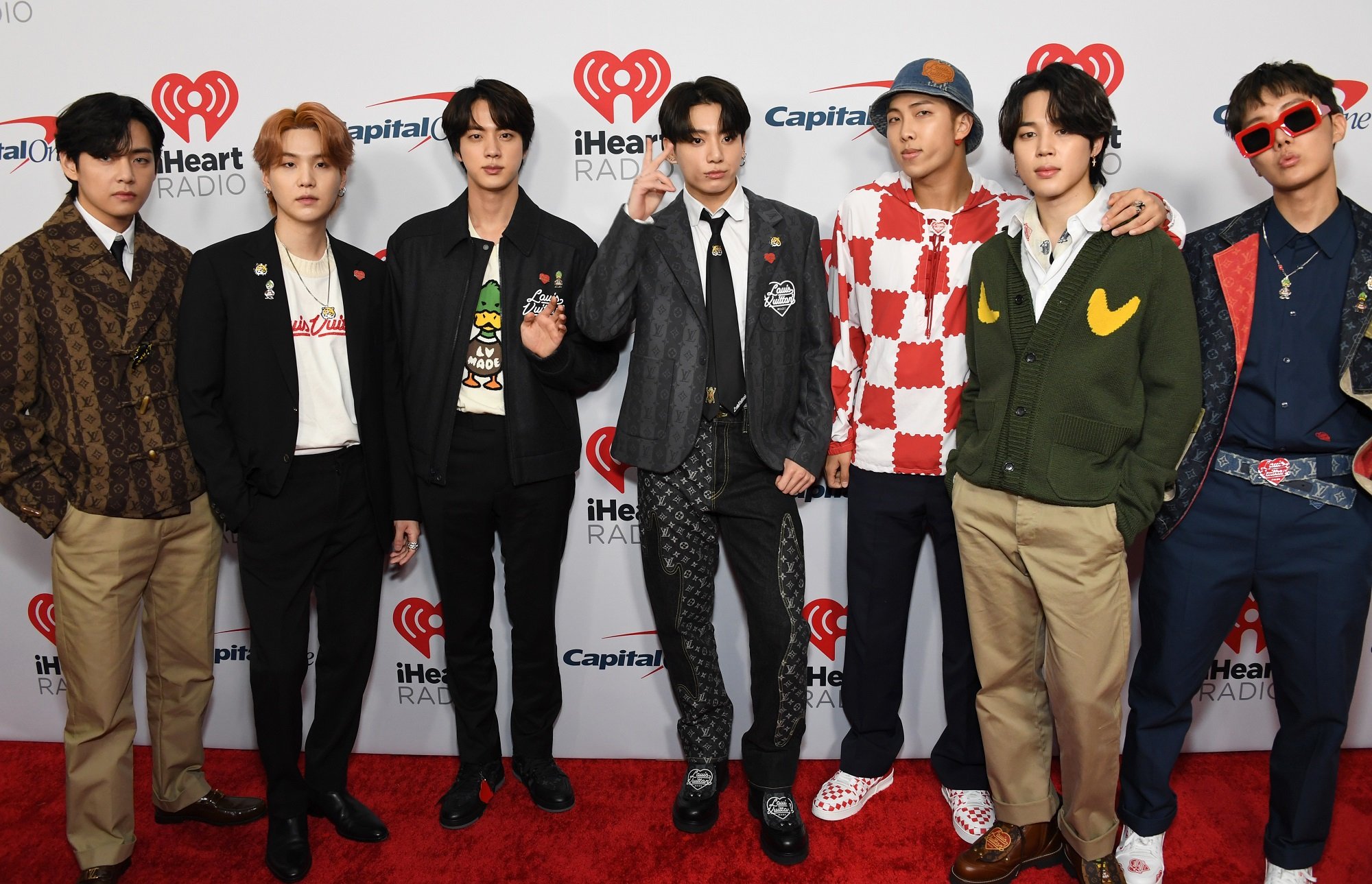 V, Suga, Jin, Jungkook, RM, Jimin, and J-Hope of BTS attend 102.7 KIIS FM's Jingle Ball 2021. The members of BTS recently opened Instagram accounts.