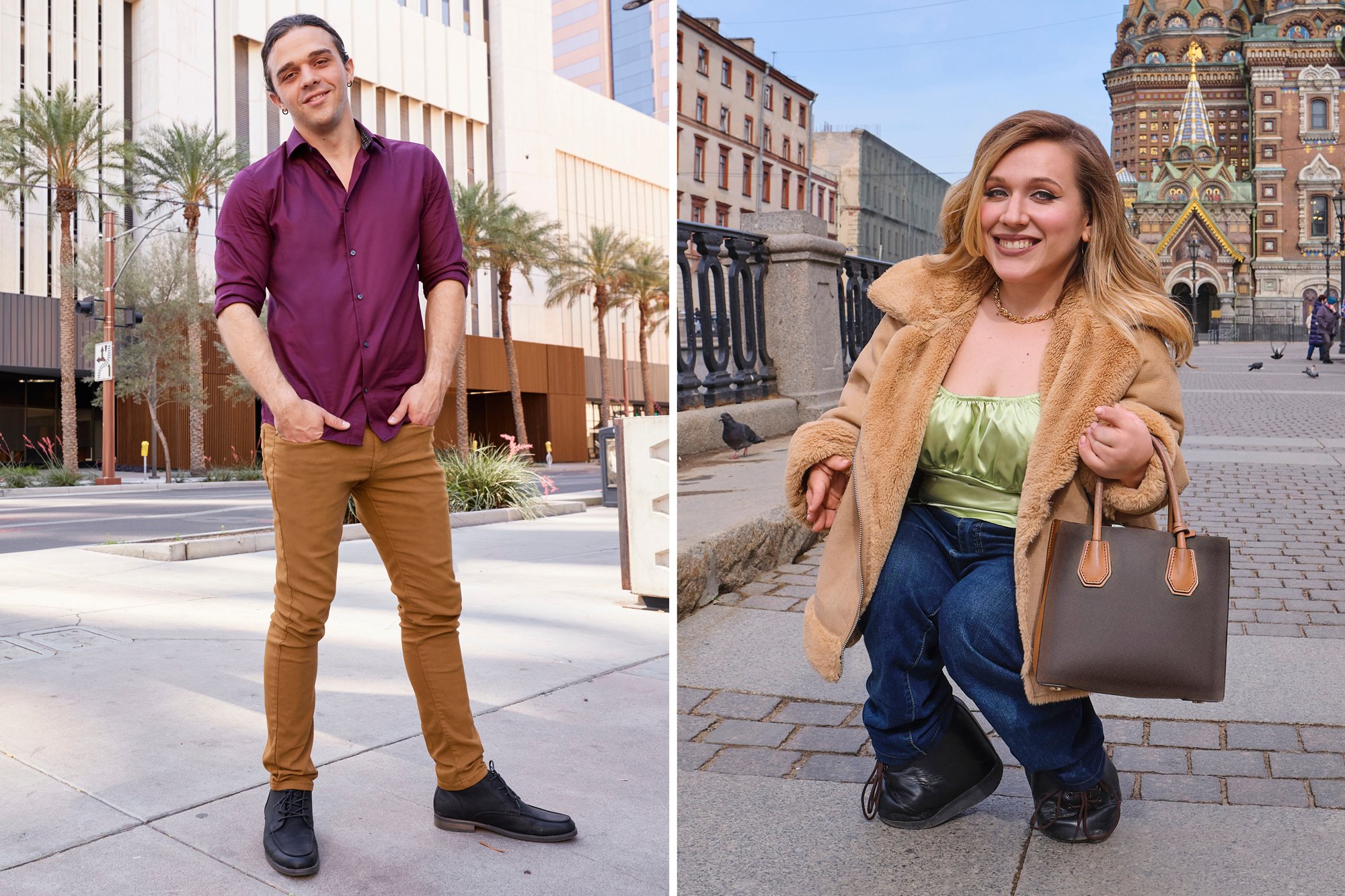 '90 Day Fiancé: Before the 90 Days' Season 5 couple Caleb and Alina seen here in promotional images. Caleb wears a burgundy button down and khakis while Alina wears a green satin shirt and jeans underneath a brown fur coat.