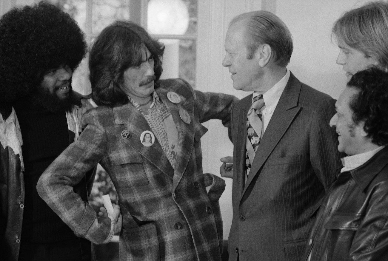 Billy Preston, George Harrison, and President Gerald Ford in the Oval Office at the White House, 1974.