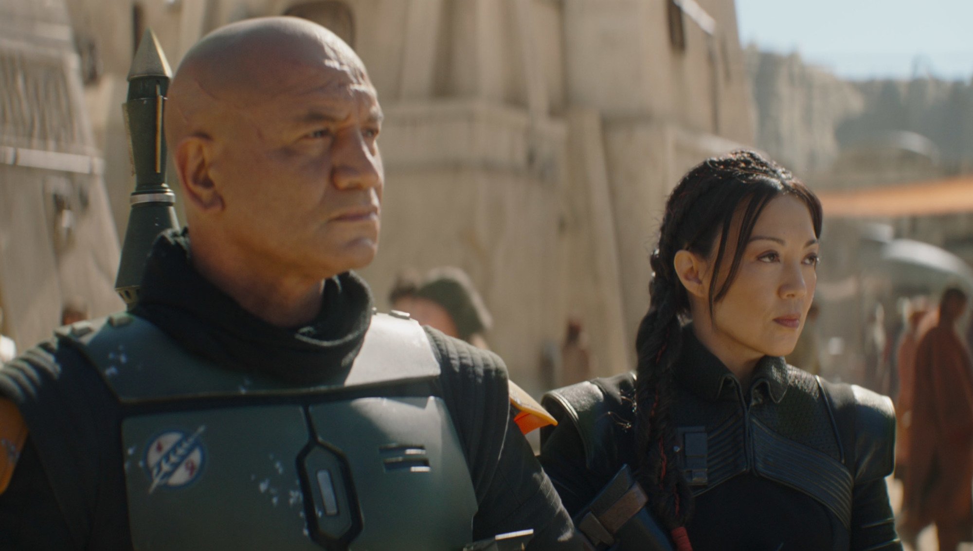 Temuera Morrison and Ming-Na Wen in 'The Book of Boba Fett' Episode 1.