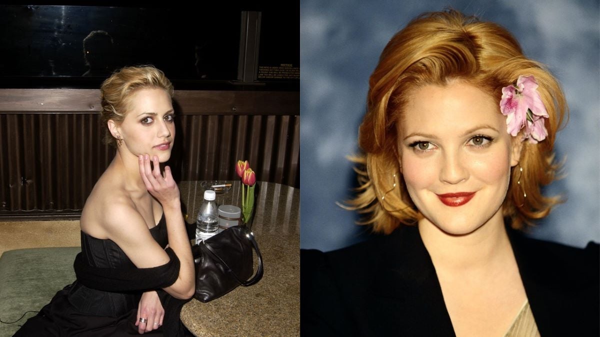 (L) Brittany Murphy in a black dress, seated with her elbow on a table and her hand on her chin; (R) Drew Barrymore close-up with a pink flower behind her ear and wearing a black jacket