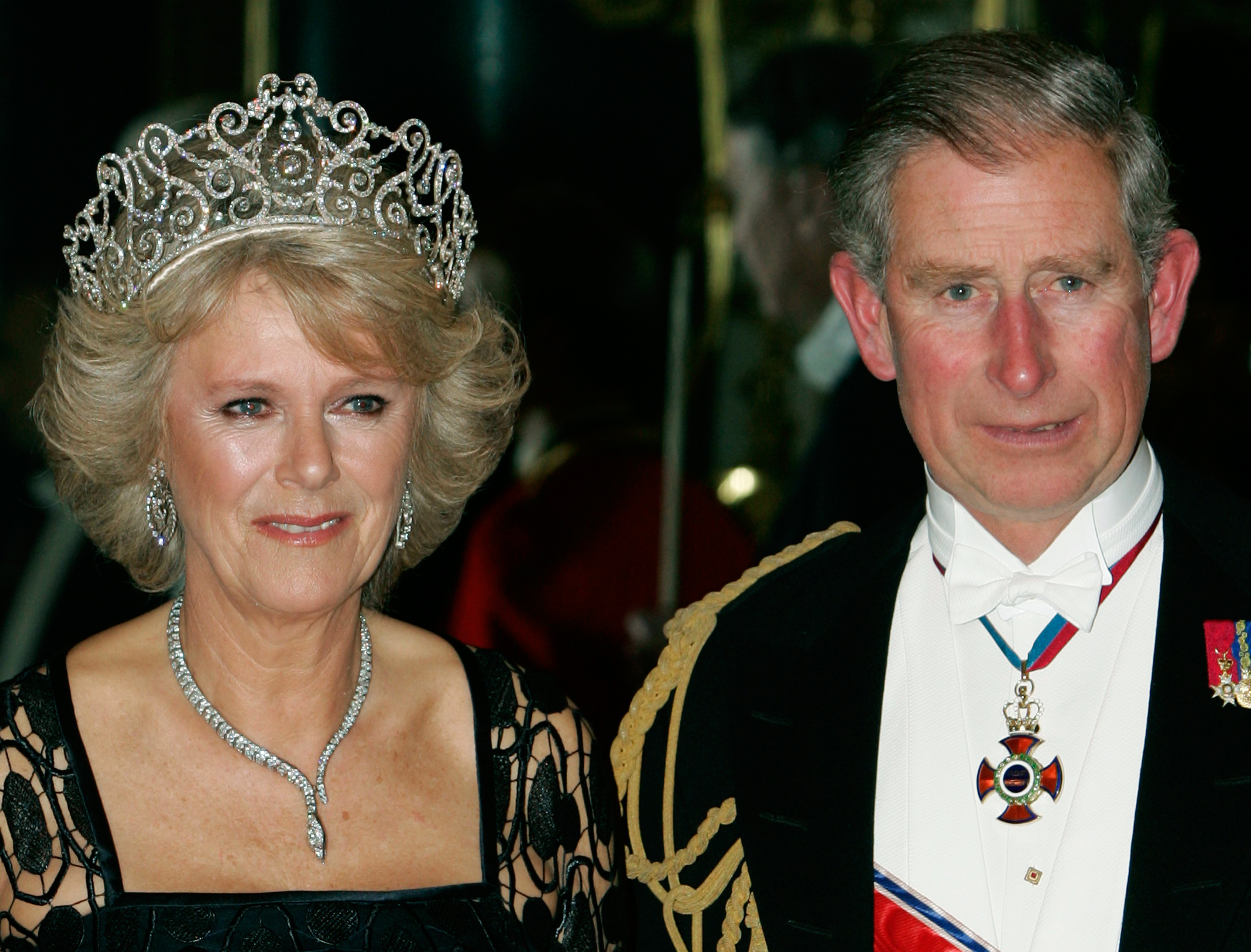 Camilla Parker Bowles wearing a royal heirloom diamond tiara as she and Prince Charles attend a banquet at Buckingham Palace