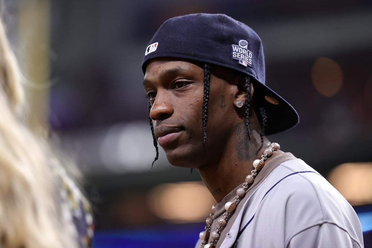 Rapper Travis Scott looks on prior to Game Six of the World Series