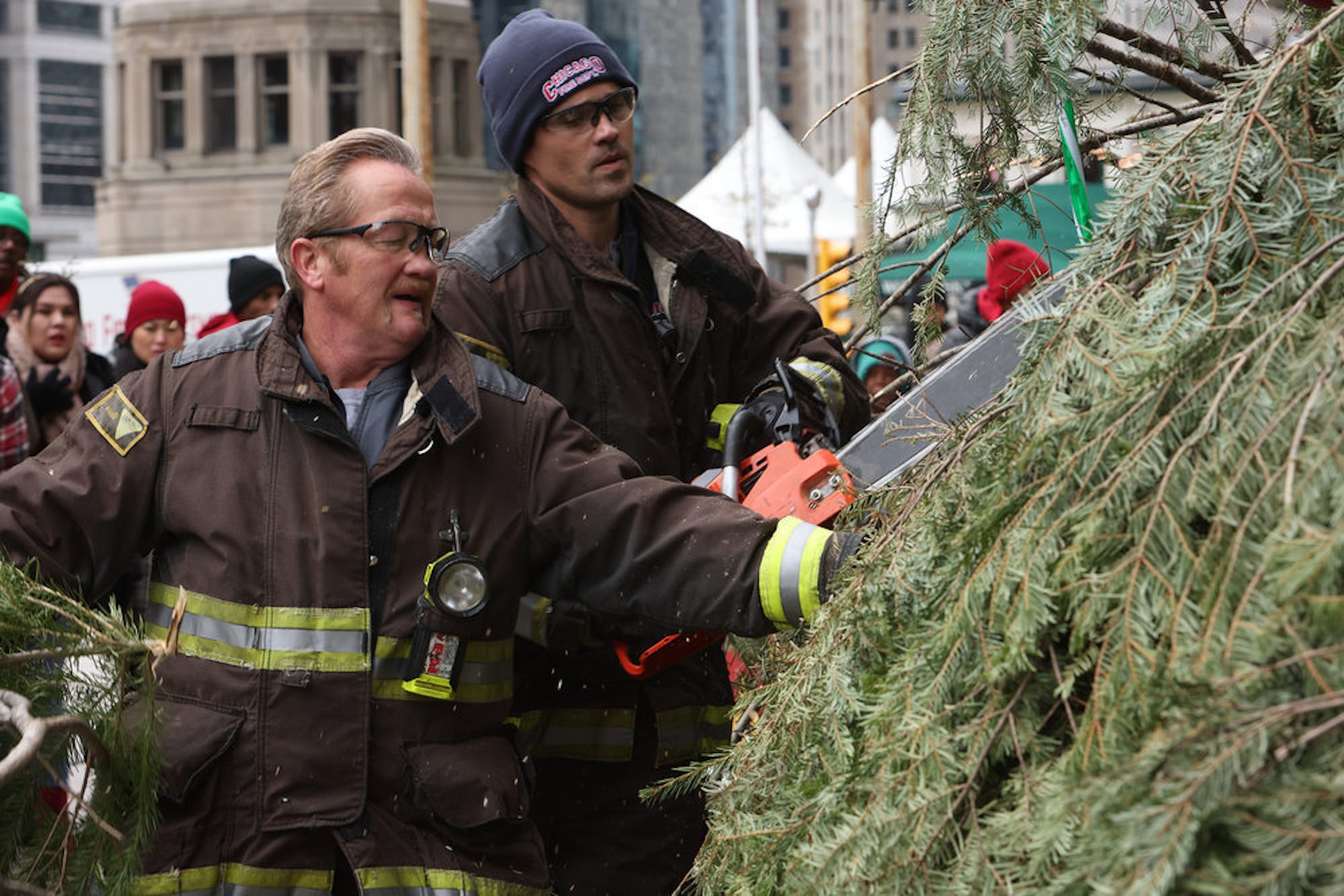 Christian Stolte as Mouch McHolland and Brett Dalton as Jason Pelham in 'Chicago Fire' Season 10