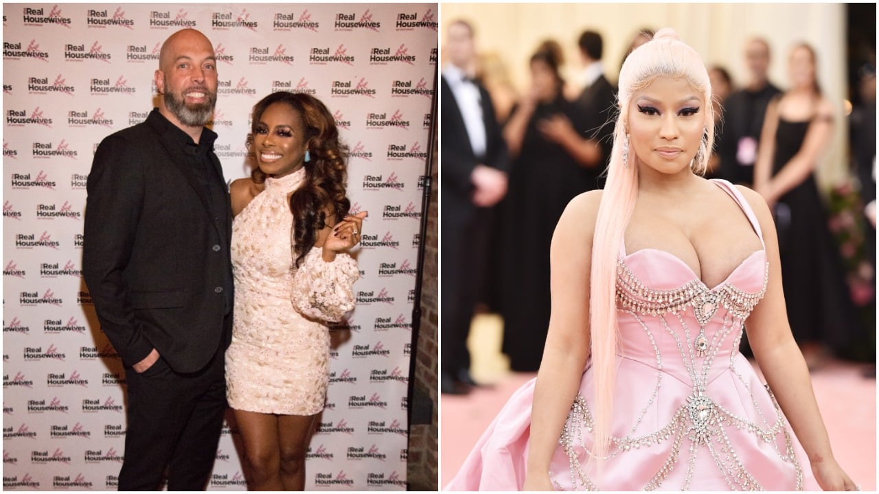 ‘Real Housewives of Potomac’ stars Chiss Bassett and Candiace Dillard smile standing side-by-side in front of a white backdrop. Nicki Minaj poses while wearing a pink dress.
