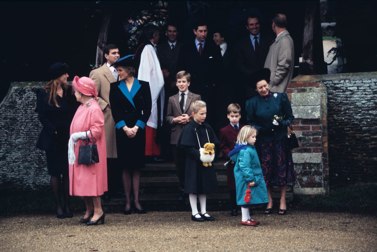 British royals Sarah, Duchess of York, Queen Elizabeth, Prince Andrew, Duke of York, Princess Diana, Peter Phillips, Zara Phillips, Prince Charles, Princess Anne, Prince William, and Princess Margaret attend the Christmas Day service at St. Mary Magdalene Church on the Sandringham estate on December 25, 1988