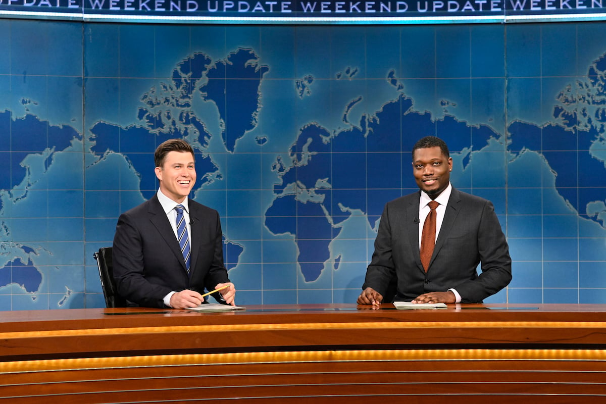 Anchor Colin Jost and anchor Michael Che during Weekend Update on Saturday, November 20, 2021