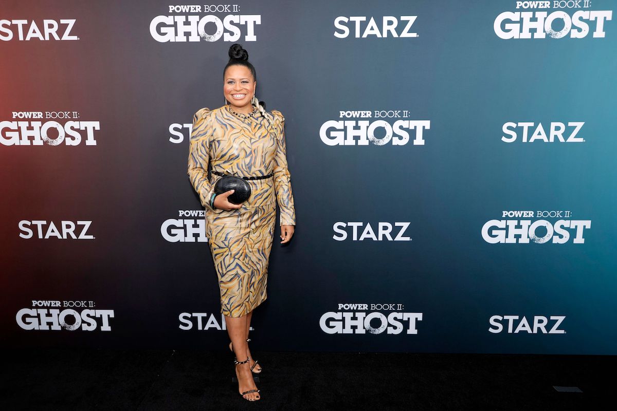 Courtney Kemp wears a beige dress with a printed pattern on the red carpet at an event for the 'Power' spinoff 'Power Book II: Ghost'