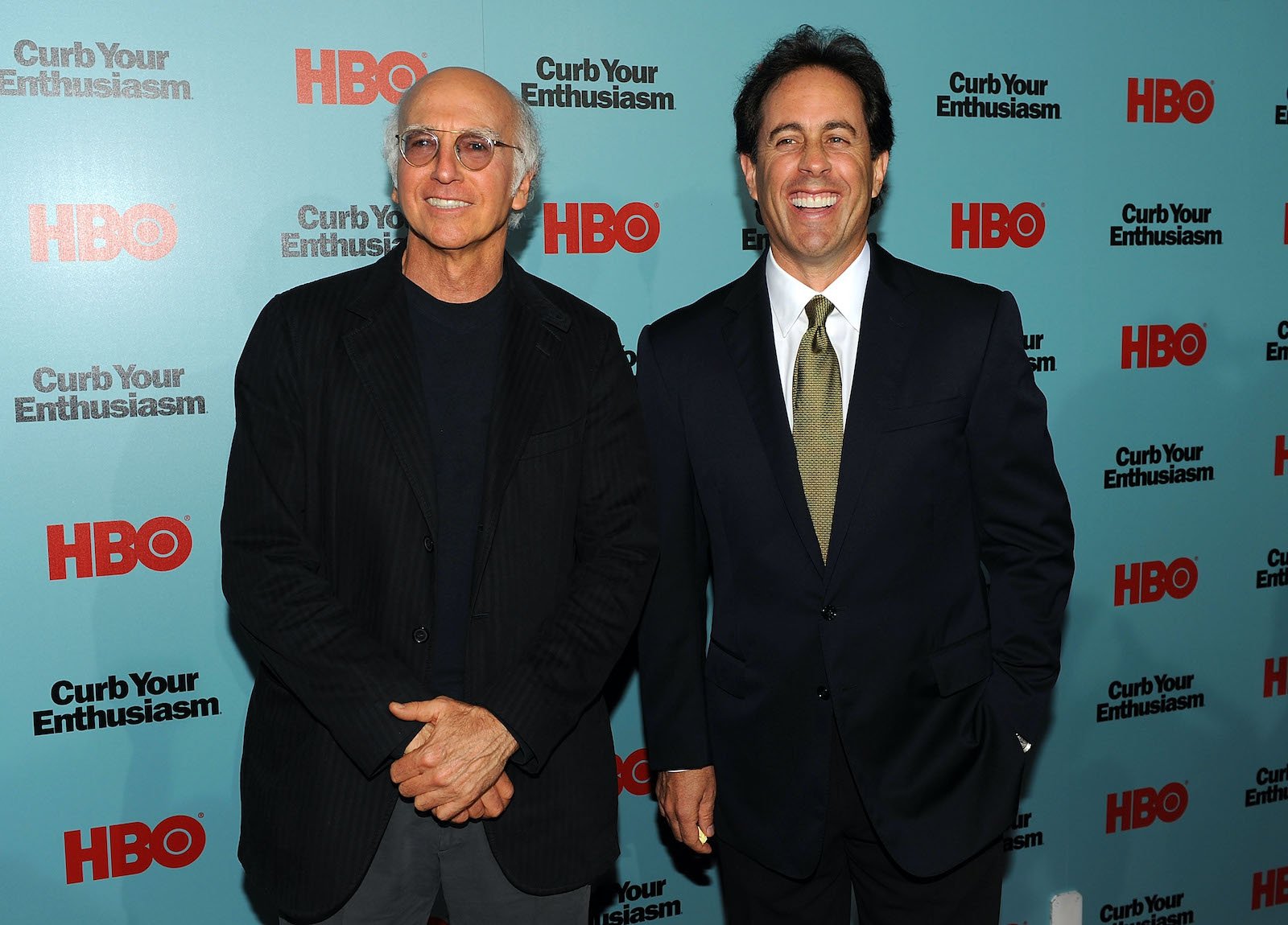 Larry David and Jerry Seinfeld walk the red carpet at the Curb Your Enthusiasm Screening Room in 2009