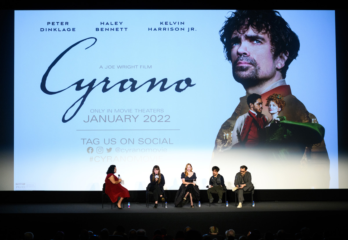 Moderator Jenelle Riley, screenwriter Erica Schmidt, actors Haley Bennett and Peter Dinklage and director Joe Wright on stage at a ‘Cyrano’ screening