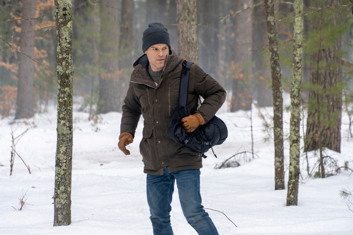 'Dexter' cast member Michael C. Hall carries a backpack in the snow in 'Dexter: New Blood'
