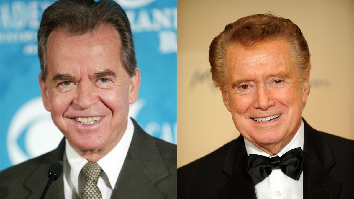 (L) Dick Clark smiles in a suit and tie; (R) Regis Philbin smiles in a suit and bow-tie