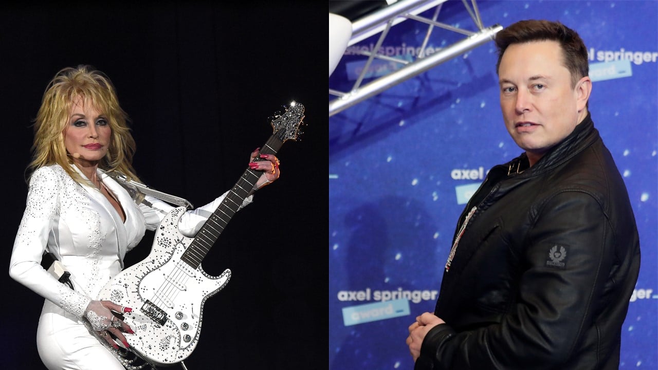 (L) Dolly Parton dressed in white and holding a white guitar; (R) Elon Musk dressed in a jacket, posing and looking to the side