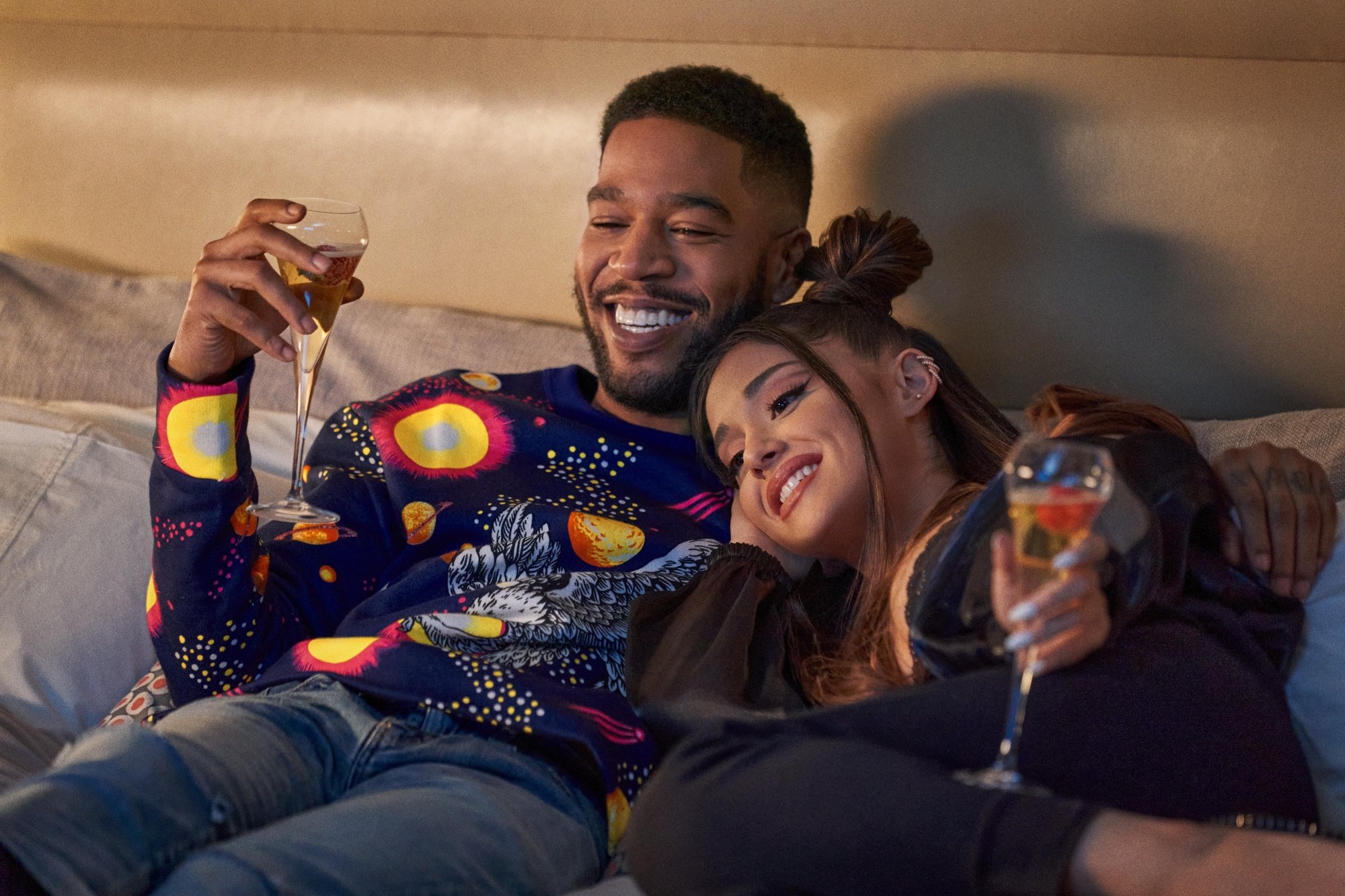 'Don't Look Up' Kid Cudi as DJ Chello and Ariana Grande as Riley Bina Golden Globes nomination snub laying down together with drinks