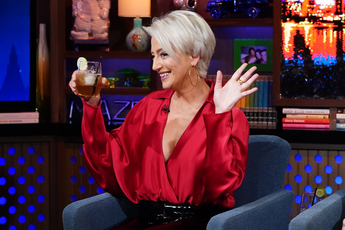 Dorinda Medley with a drink in hand on an episode of Watch What Happens Live on August 10, 2021