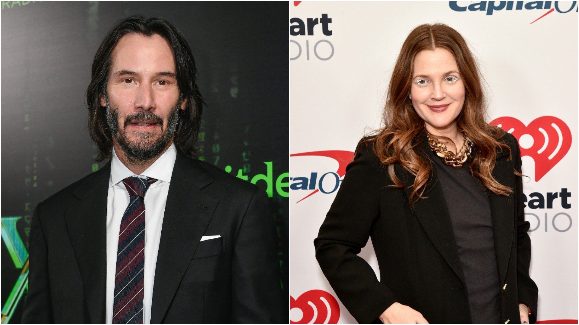 Keanu Reeves attends The Matrix Resurrections red carpet/ Drew Barrymore attends iHeartRadio Z100 Jingle Ball 2021 