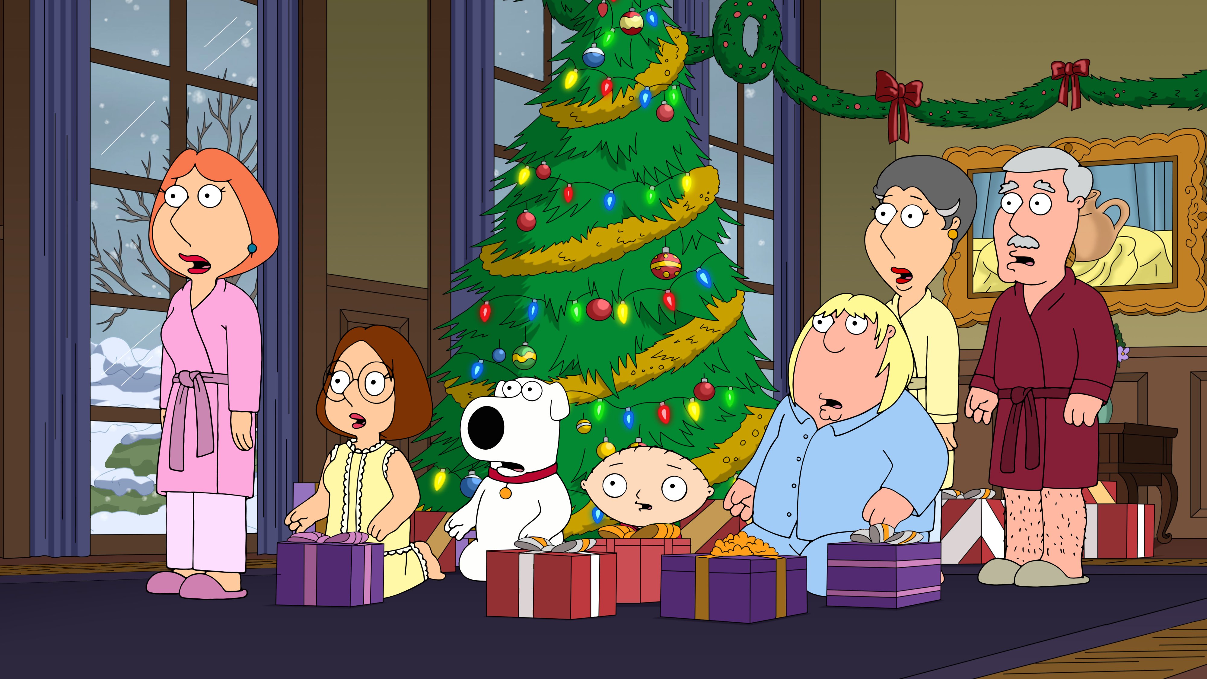 'Family Guy' characters Lois Griffin, Meg Griffin, Brian Griffin, Stewie Griffin, Chris Griffin, Babs Pewterschmidt, and Carter Pewterschmidt spend Christmas together.