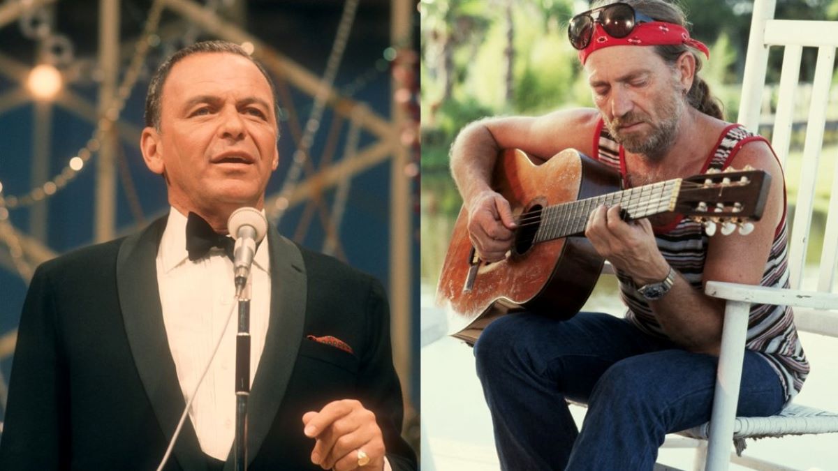 (L) Frank Sinatra sings into a microphone, wearing a suit; (R) Willie Nelson plays a guitar, wearing a tank top, jeans, and a bandana headband.