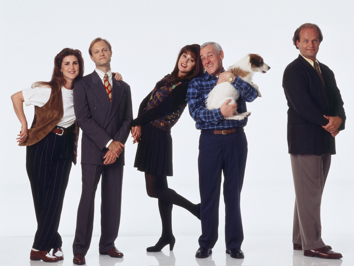 Frasier cast: Peri Gilpin as Roz Doyle, David Hyde Pierce as Dr. Niles Crane, Jane Leeves as Daphne Moon, John Mahoney as Martin Crane, Moose as Eddie, and Kelsey Grammer as Dr. Frasier Crane