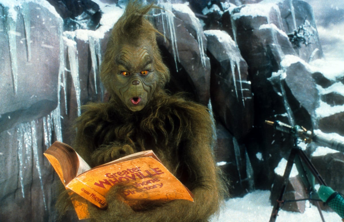 Jim Carrey as the Grinch looks through the Whoville phone directory in 'How The Grinch Stole Christmas'