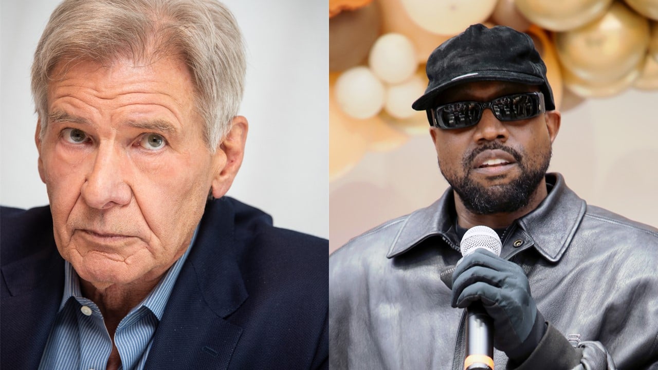 (L) Harrison Ford close-up, not smiling, wearing a dark jacket; (R) Kanye West holds a microphone, wearing gloves and a hat 