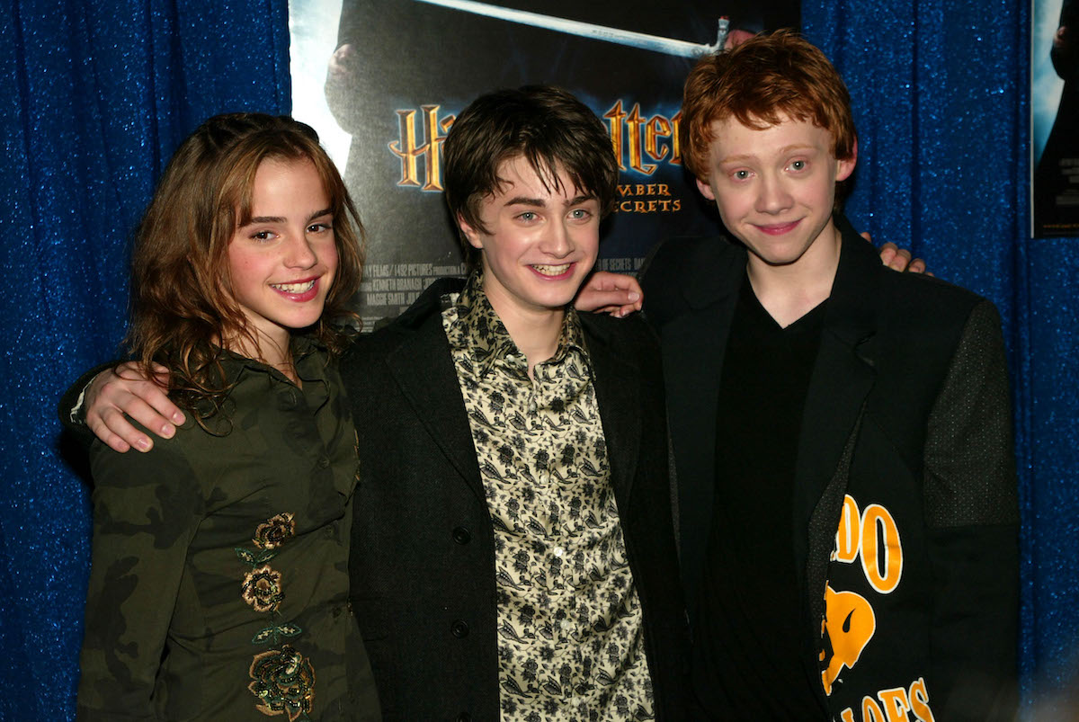 Harry Potter costars Emma Watson, Daniel Radcliffe, and Rupert Grint in 2002