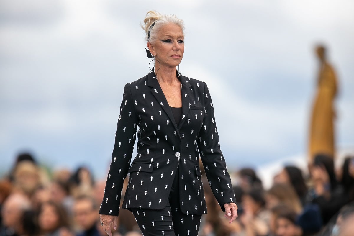 Helen Mirren wearing a black and white dress.