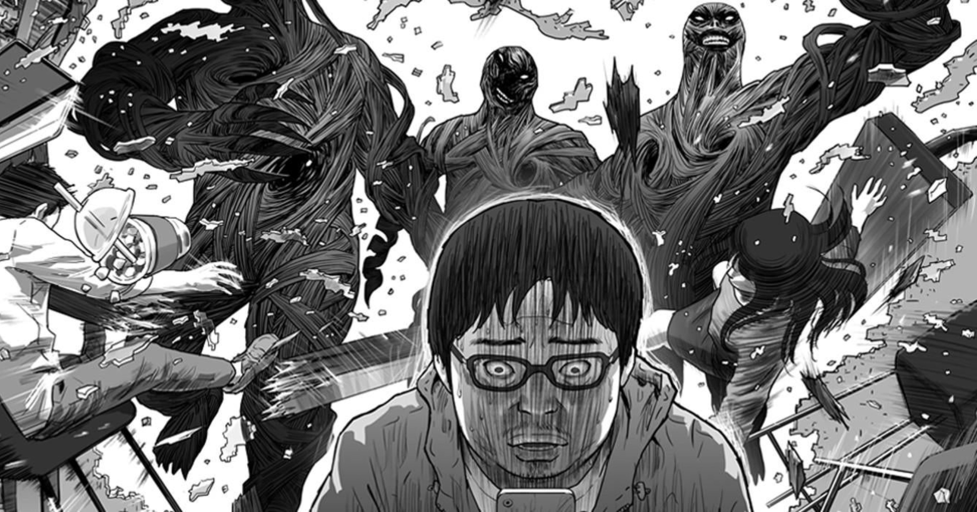 'Hellbound' webtoon by Yeon Sang-ho scene of illustrated emissaries.
