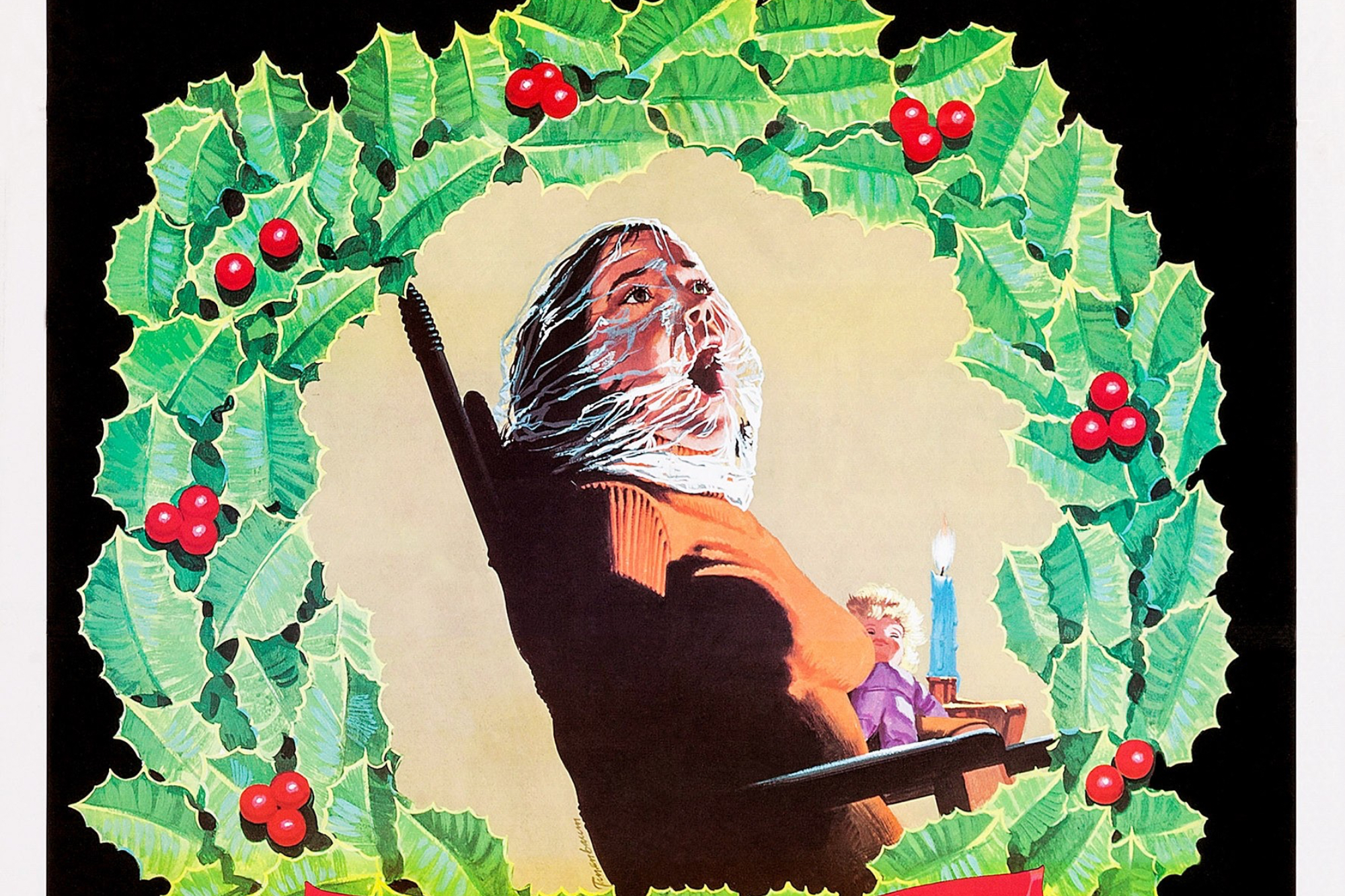 Holiday horror movies 'Black Christmas' with woman in a rocking chair with a plastic bag over her head
