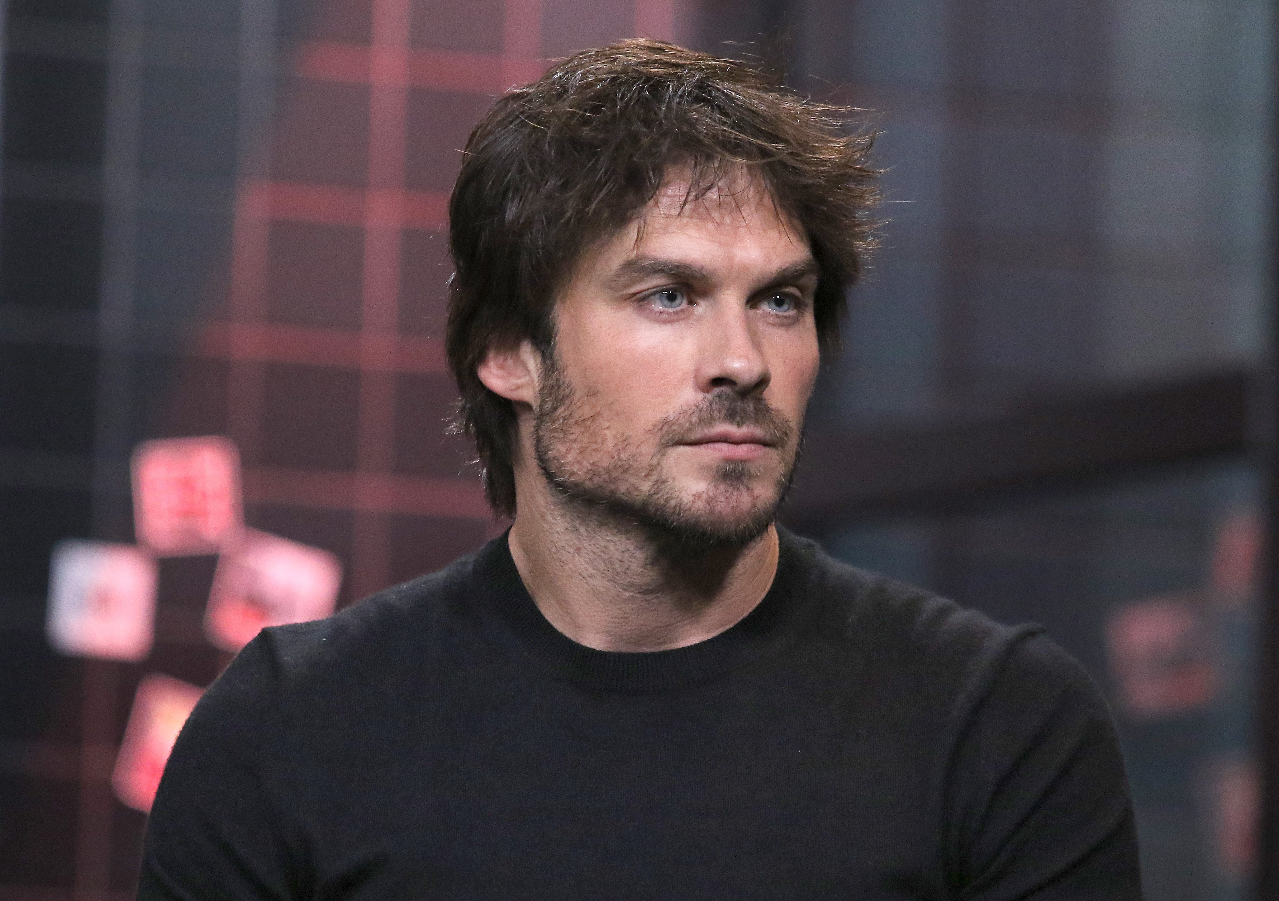 'The Vampire Diaries' actor Ian Somerhalder wears a black long-sleeved shirt.