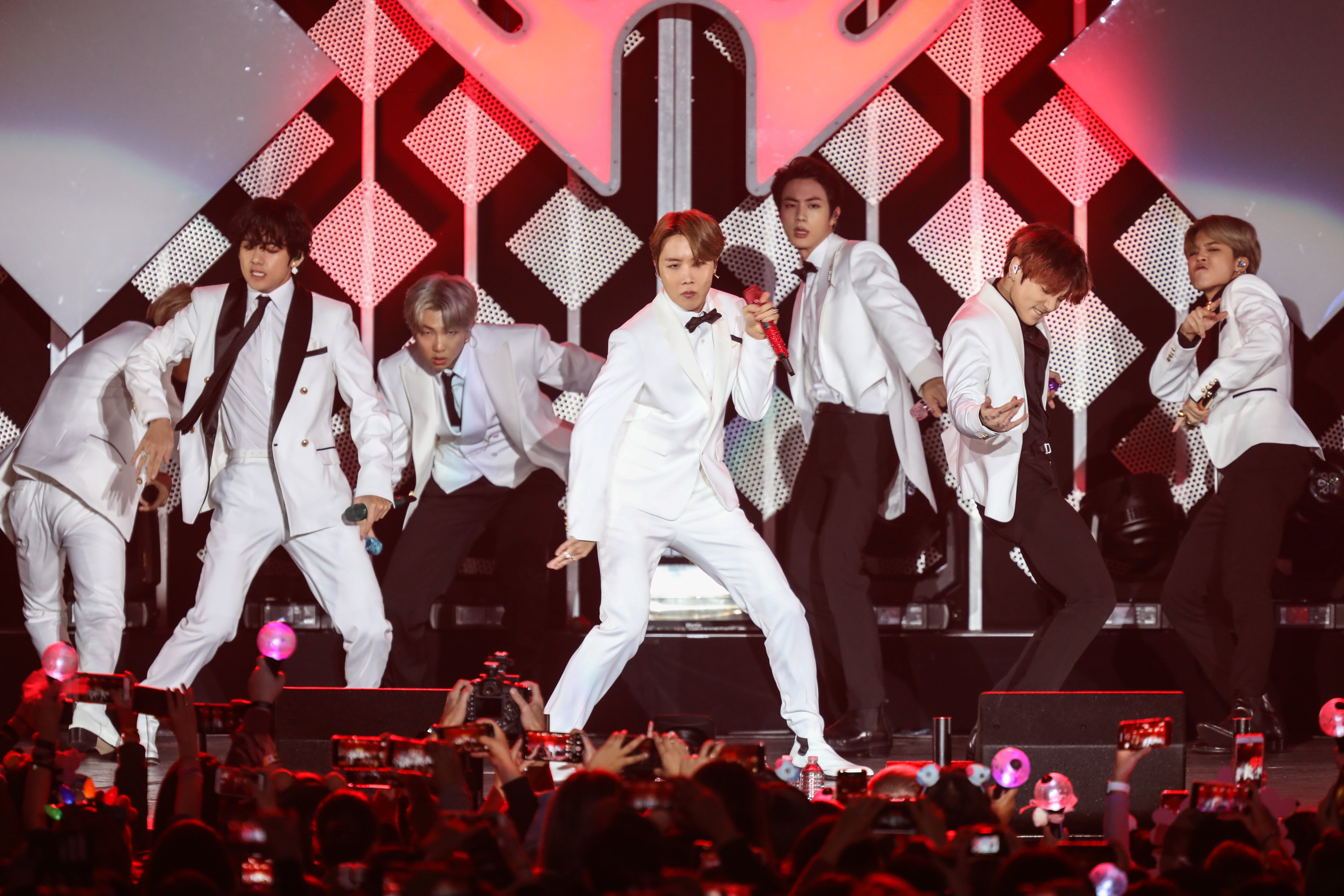 V, Suga, Jin, Jungkook, RM, Jimin, and J-Hope of BTS performs during the iHeartRadio KIIS FM's Jingle Ball