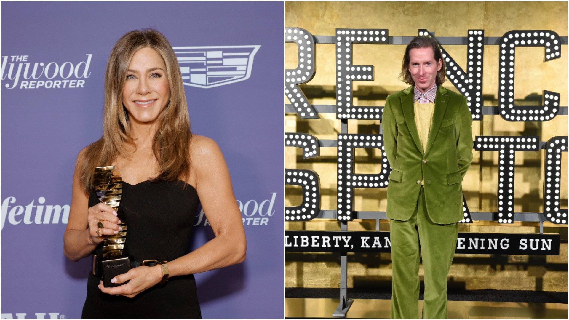 Jennifer Aniston poses with the Sherry Lansing Leadership Award at The Hollywood Reporter 2021 Power 100 Women in Entertainment/ Wes Anderson at the premiere of The French Dispatch