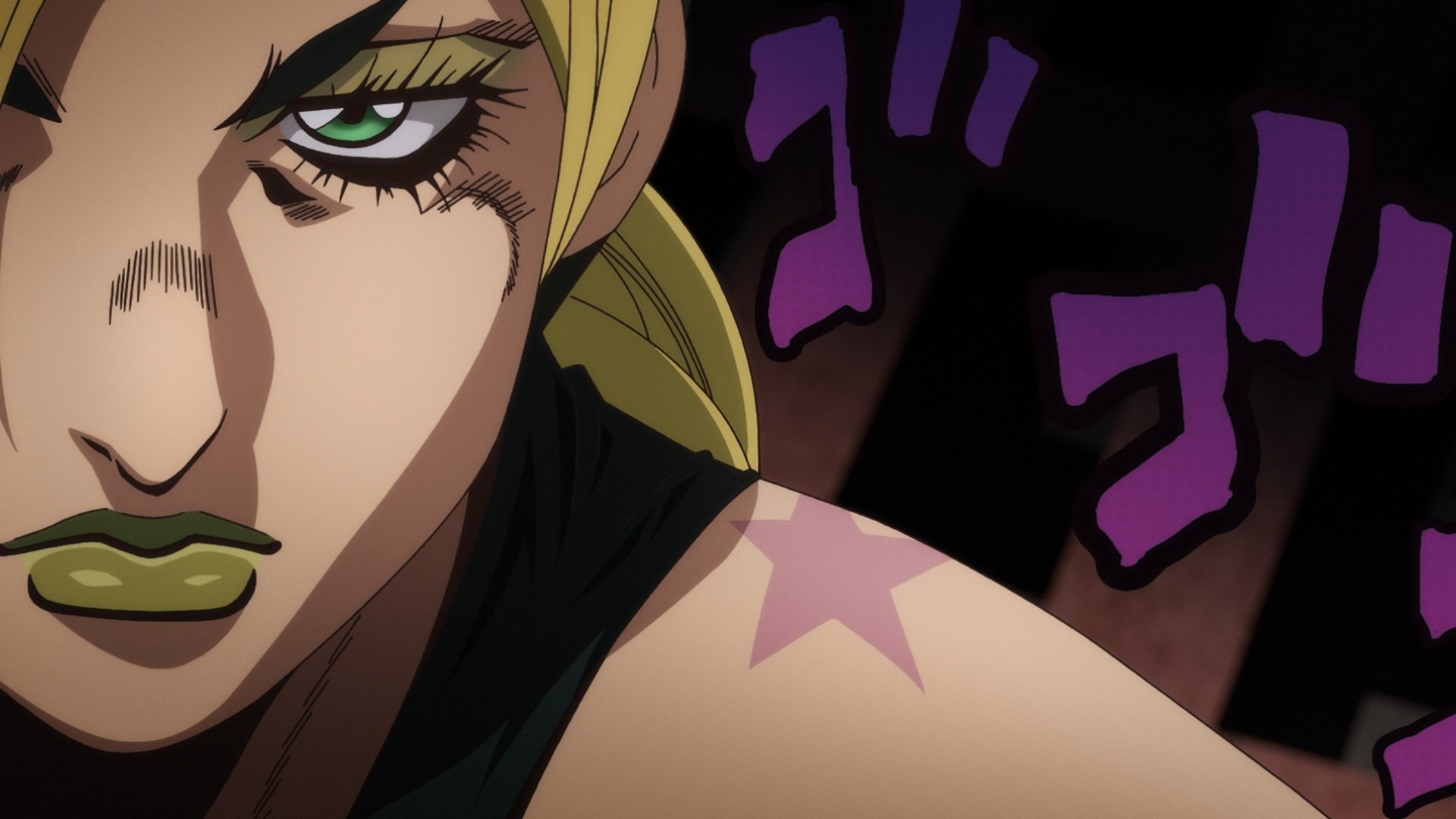 Jolyne Cujoh in 'JoJo's Bizarre Adventure' Part 6 on Netflix. The image is a close-up of her face, and there's a purple and black background.