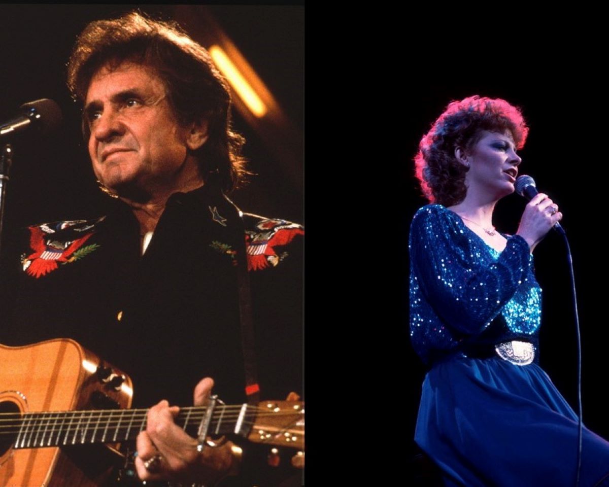 (L) Johnny Cash stands behind a microphone with a guitar, wearing black; (R) Reba McEntire sits and holds a microphone, wearing a blue dress