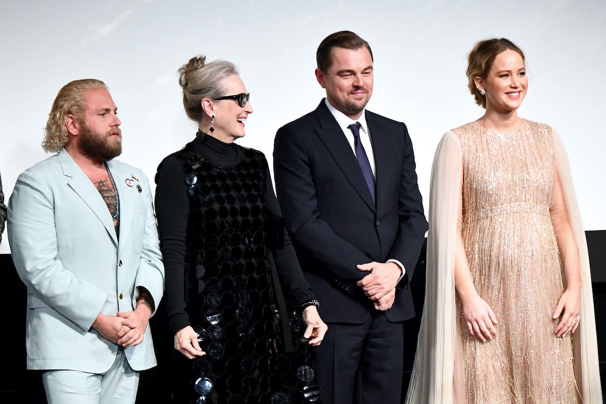 Don't Look Up cast: Jonah Hill, Meryl Streep, Leonardo DiCaprio, and Jennifer Lawrence