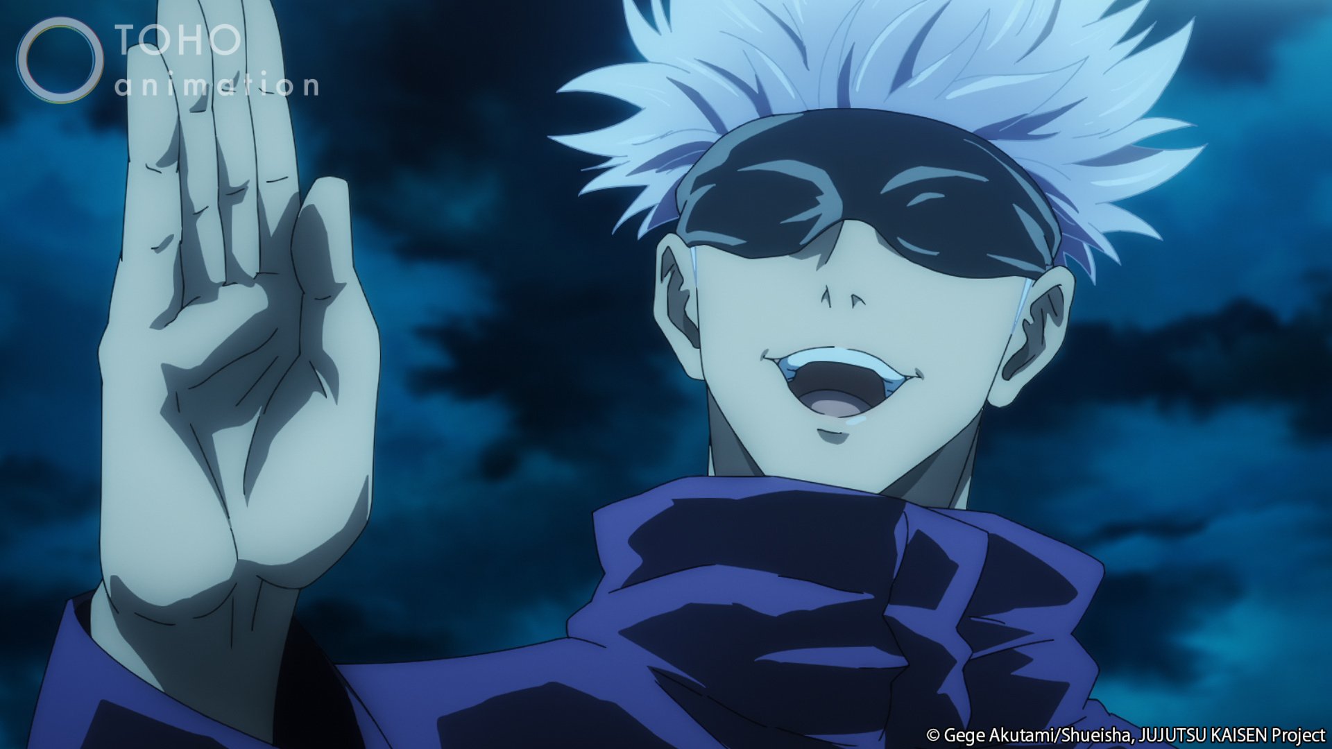 Satoru Gojo in 'Jujutsu Kaisen' Episode 2. He's smiling and holding a hand up.