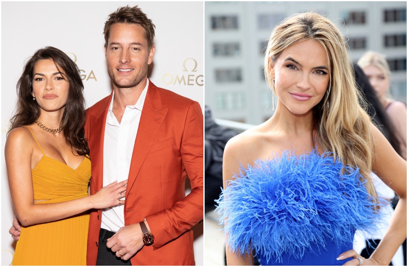 Sofia Pernas and Justin Hartley standing next to each other in front of a white background, Chrishell Stause wearing a blue dress