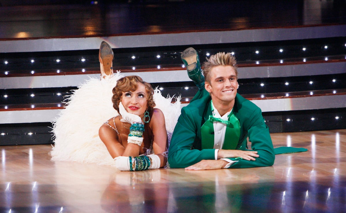 Karina Smirnoff and Aaron Carter on stage performing for "Dancing With the Stars."