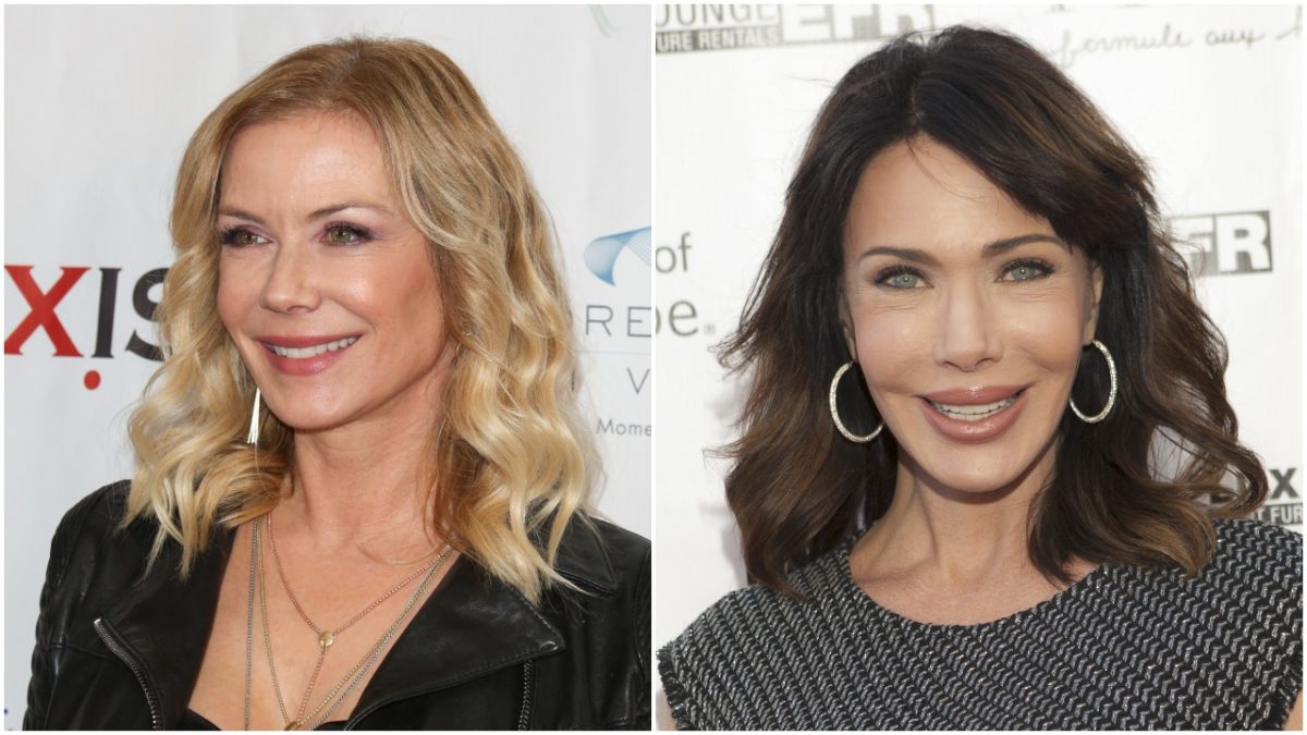 'The Bold and the Beautiful' actor Katherine Kelly Lang wearing a black jacket and smiling in front of a white backdrop; Hunter Tylo wearing a black and white top and smiling.