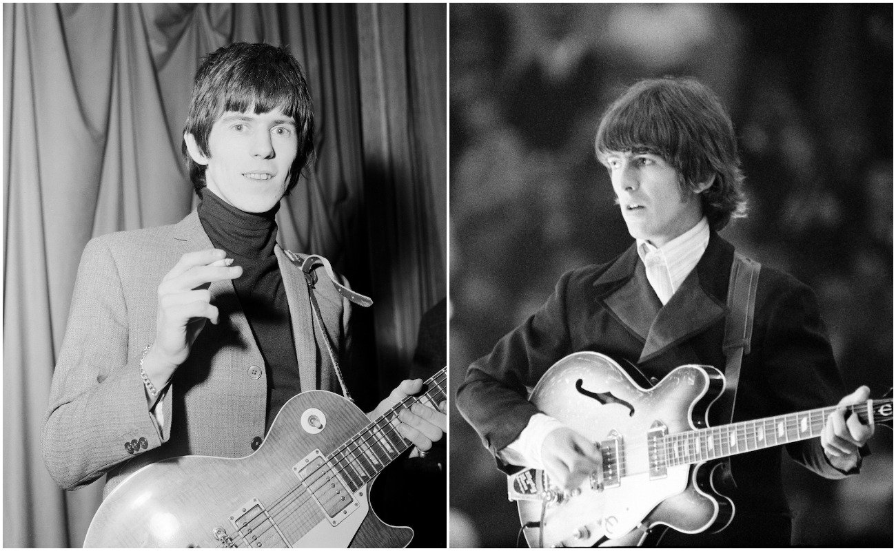 Keith Richards playing guitar in 1965 and George Harrison performing with The Beatles in 1966.
