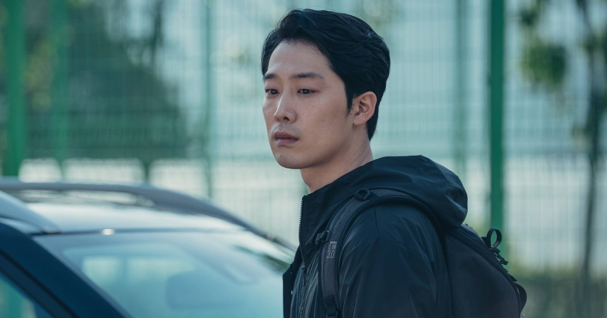 Kim Sol character from 'Jirisan' Episode 16 finale wearing hiking jacket and gear.