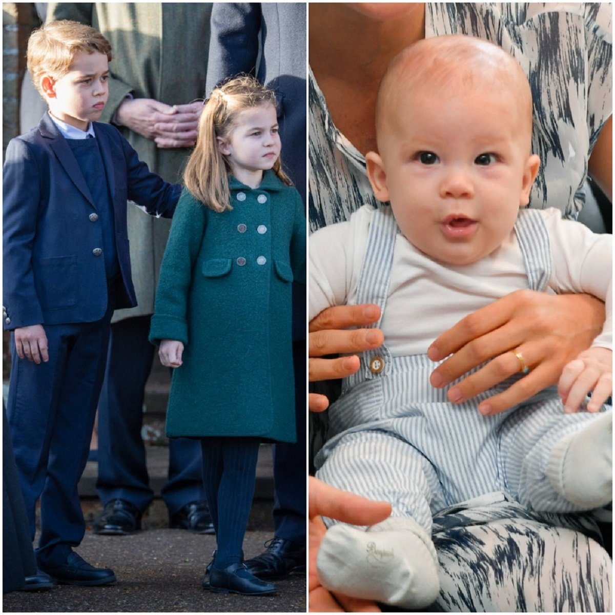 (L): Prince George and Princess Charlotte attend a Christmas Day mass, (R): Archie-Harrison with parents on South Africa tour