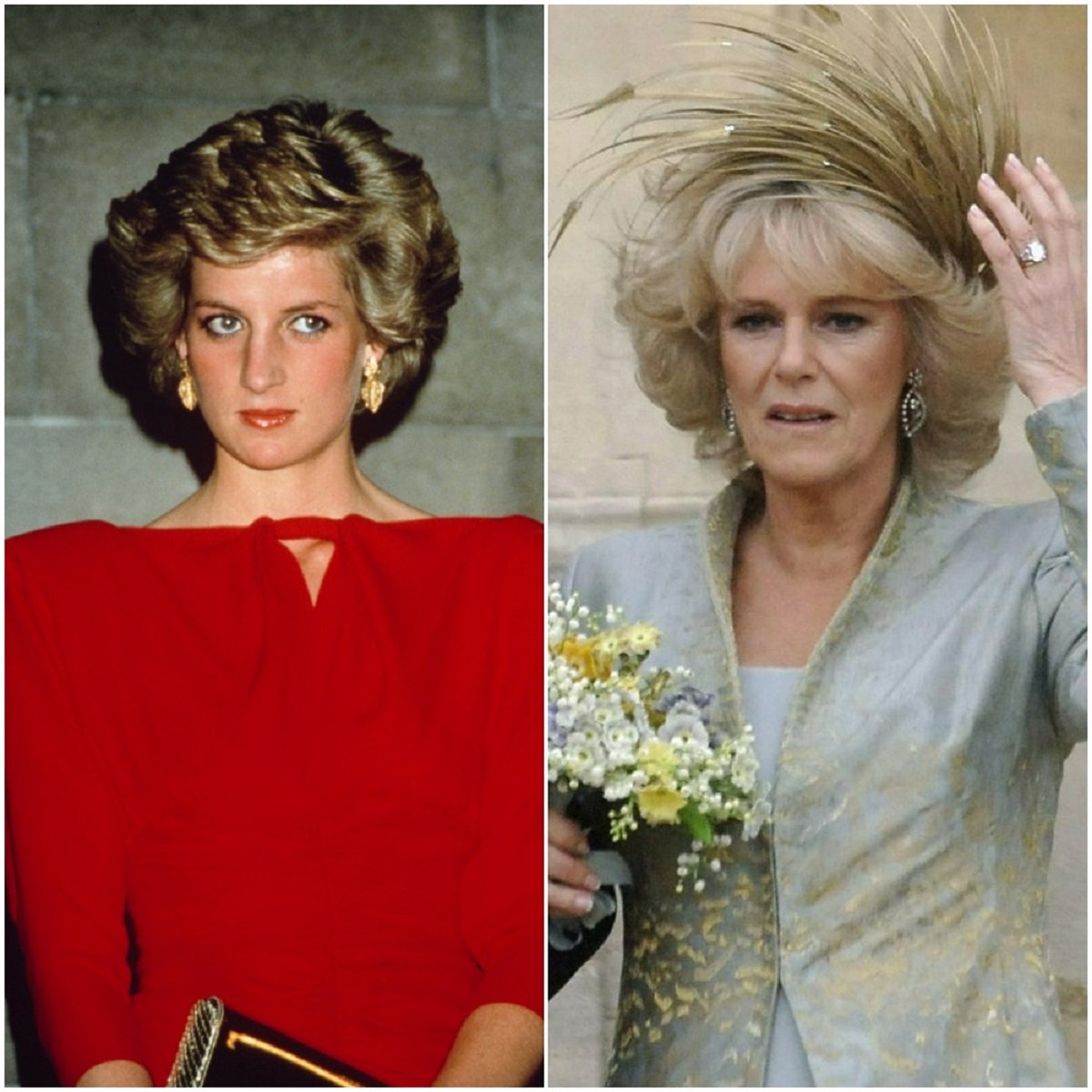 (L) Princess Diana dressed in red at a state reception in Australia, (R) Camilla Parker Bowles leaving St. George's Chapel after the blessing of civil marriage to Prince Charles