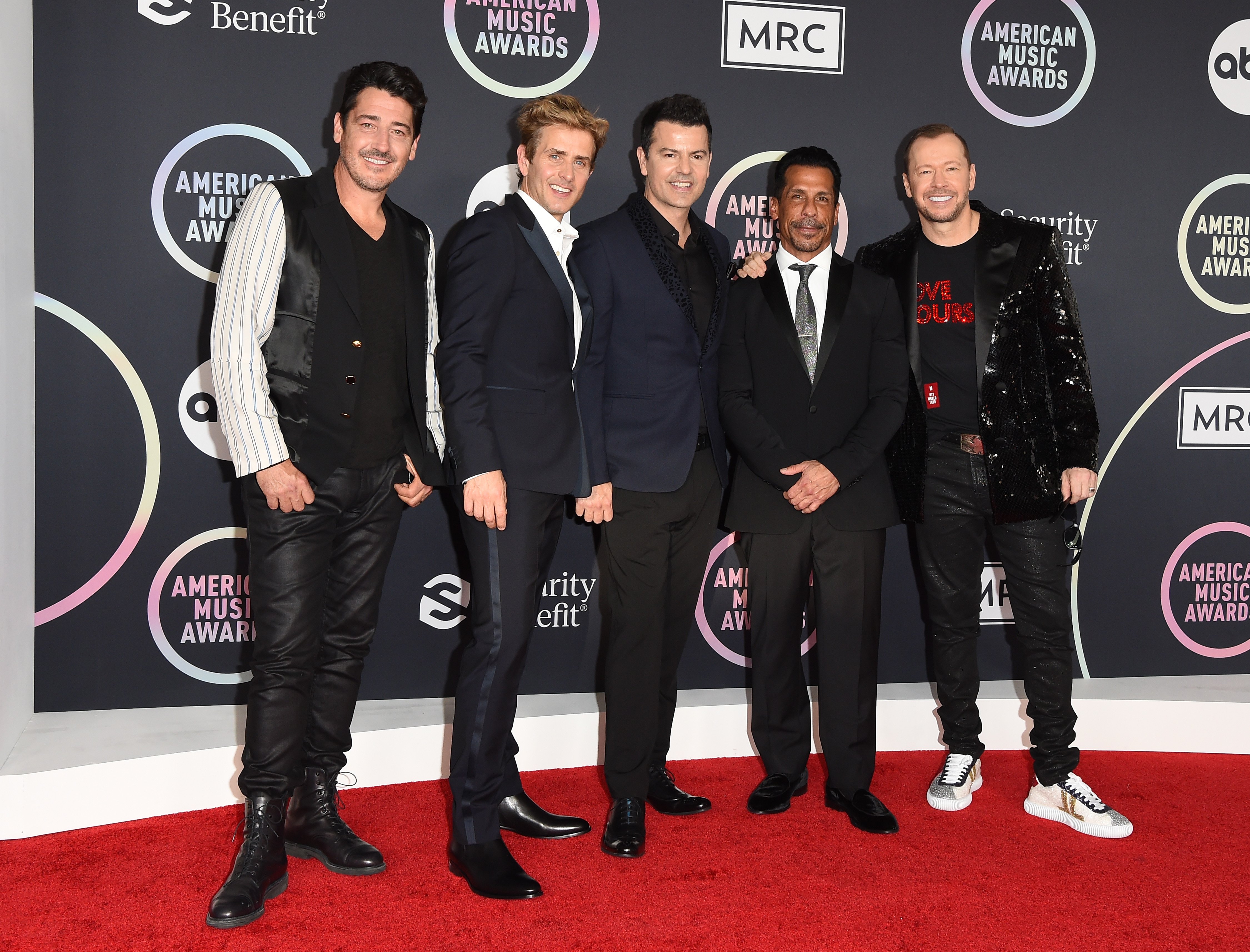 (L-R) Jonathan Knight, Joey McIntyre, Jordan Knight, Danny Wood, and Donnie Wahlberg of New Kids on the Block at the American Music Awards