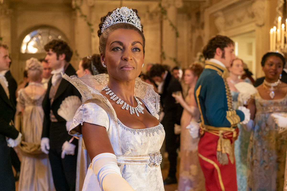 Lady Danbury wearing a white dress and tiara in 'Bridgerton' Season 1