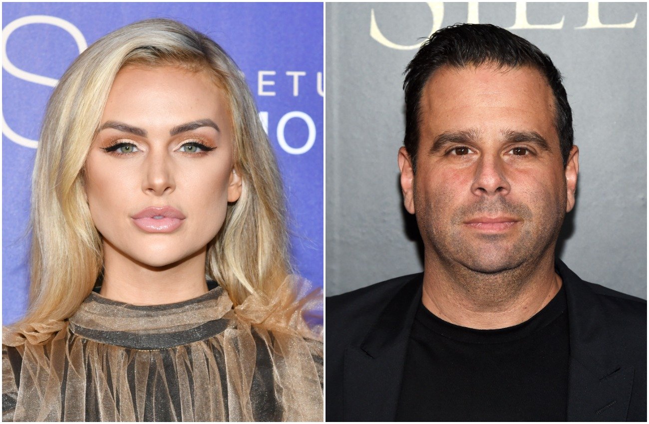 Lala Kent in front of a blue background, Randall Emmett in front of a gray background. Both looking into the camera